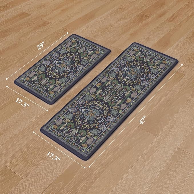 KIMODE Anti Fatigue Kitchen Mats for Floor 17"x47"+17"x29", Dark Blue Vibrant Floral Kitchen Rugs, Non Slip Waterproof Kitchen Floor Mats, Comfort Standing Mats for Laundry Office Sink Desk