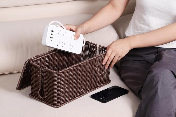 ZhiYo Rattan Cable Management Box, Dark Brown, 13.5" x 6.2" x 6" | Handwoven cord organizer conceals power strips and cables for a cleaner home or office setup, cord hider design