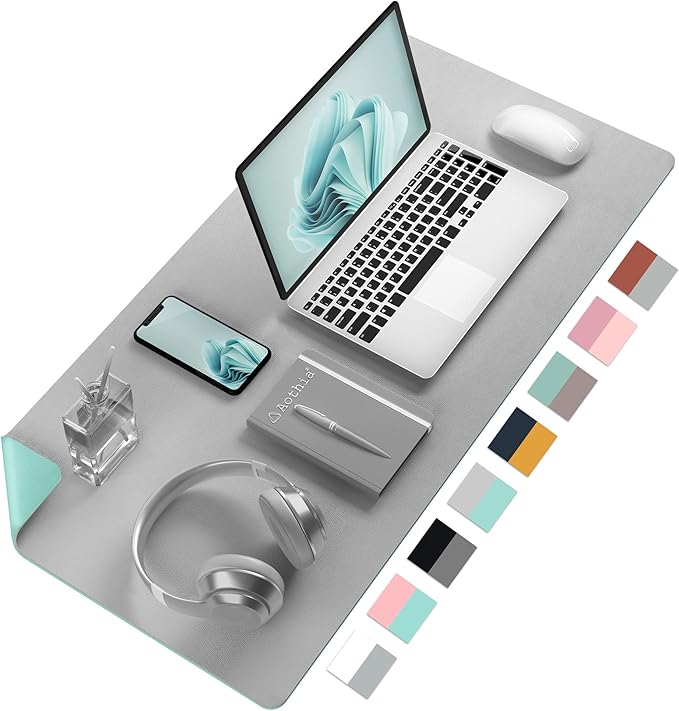 Aothia Double-Sided PU Leather Desk Pad - Non-Slip Large Mouse Pad & Desk Mat for Office, Home - Waterproof, Easy to Clean, Durable Dual-Sided Surface (23.6"x13.7", Grey)