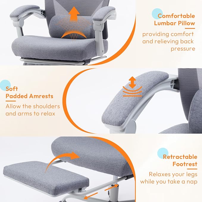 Ergonomic Office Chair with Footrest, Comfortable Desk Chair Gaming Chair | Leg Rest, Swivel Mesh Desk Chair with Headrest and Lumbar Support for Home, Office, Work, Study, Grey