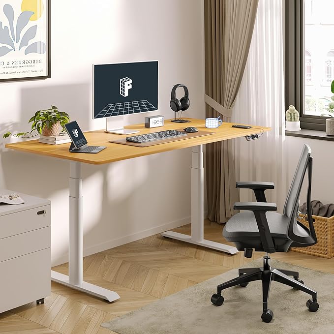 FLEXISPOT E6 Pro 55" x 28" Dual Motor Electric Standing Desk, Organic Modern Oval Leg Design, 3-Stage Height Adjustable Sit Stand Desk with Heavy Duty 330lbs, Maple Desktop, White Frame