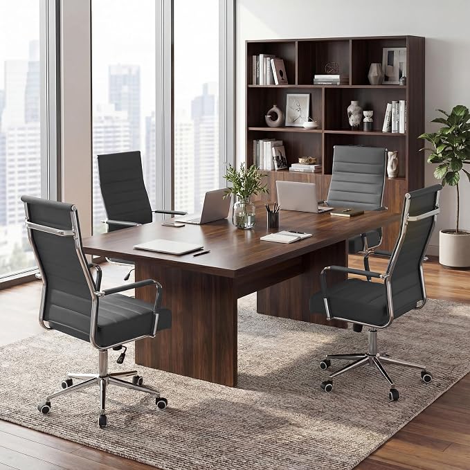 JOMEED Office Desk Chair,Conference Room Chair,High Back PU Leather Swivel | Modern Executive Ribbed Design, Ergonomic, Height Adjustable, Wheels and Arms, for Home Office(Grey-Silver Frame)