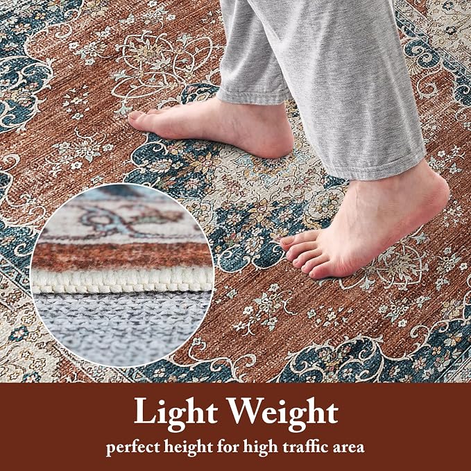 3x14 Washable Hallway Runner Rug:Oriental Indoor Kitchen Rugs Vintage Door Mat Non Slip with Rubber Backing Low Pile Thin Carpet for Bedroom Bathroom Living Room Bedside (3x14 Brick/Blue)