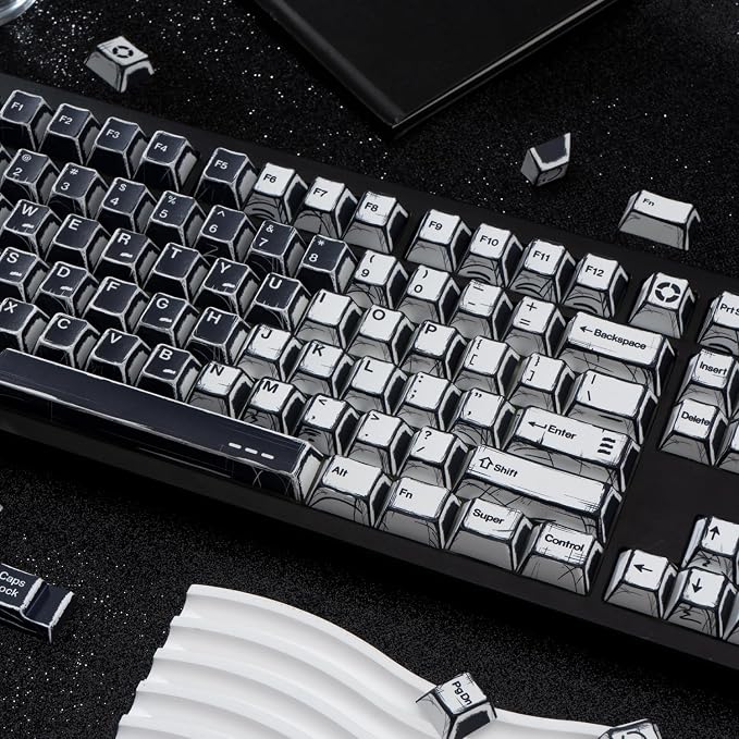 PBT Keycaps, Black and White Manga Style Keycaps Set, 135 Keys Cherry Profile Dye Sub Custom Keycap Minimalis Keyboard Key caps for 60%, 65%, 75%, 100% Cherry MX Mechanical Keyboard