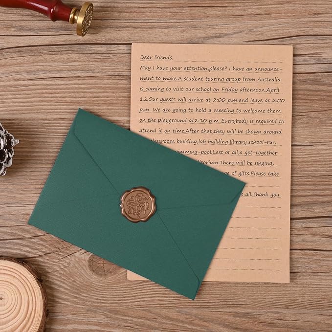 48 Pieces Stationery Set with Envelopes (24 Kraft Paper Sheets + 12 Linen Texture Envelopes+12 Wax Seal Stickers), Stationery Letter Writing Paper Set for Love Letters and Party Invitations(Green)