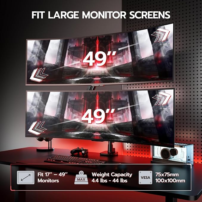 ARES WING Tall Dual Ultrawide Monitor Mount with USB A/C for 17 to 49 Inch | Pro Gas Spring, Aluminum Material, Flexible Screen Layouts, for 75/100 Vesa Mount, Hold 44 Lbs Each Arm, for Samsung Monitor