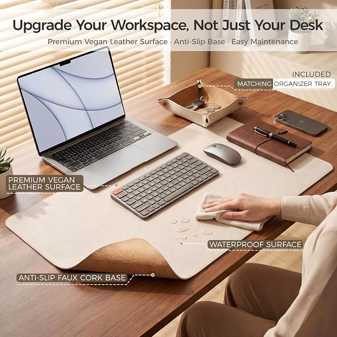Premium Faux Leather Desk Mat & Tray Set，Innovative Cork-Look Printed Base，Gift Tube Packaging，Full-Desk Coverage，Non-Slip Desk Pad for Office Home（Ivory White）