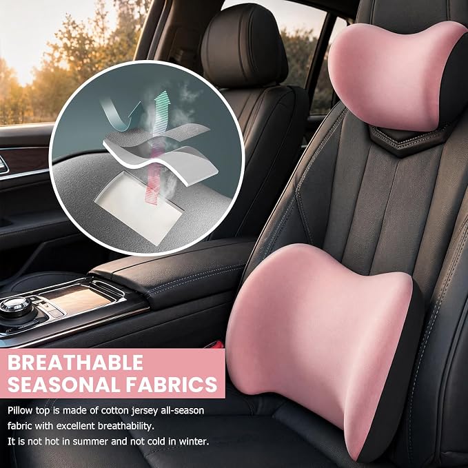 2 PCS Car Headrest & Lumbar Support Cushion, Ergonomic Memory Foam Lumbar Pillow Neck Rest Cushion, Breathable Back Pillow & Headrest Support for Driving Seat, Car Accessories (Pink)