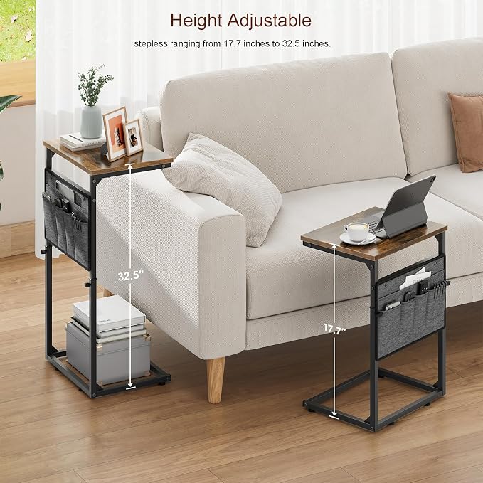 Vagusicc C Shaped End Table, Set of 2 Tall Side Table for Couch, Adjustable Height Small Couch Side Table for Small Spaces, End Table Slide Under Sofa Table TV Tray Arm Table for Living Room, Brown