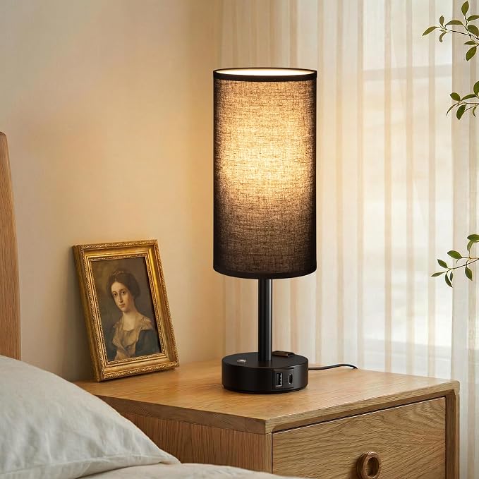 Touch Bedside Table Lamp with Memory - Stepless Dimmable Lamp for Bedroom, Small Nightstand Lamp with Dual USB Charging Ports and AC Outlet, Wood Night Light, Desk Lamp for Nursery, (Black & Black)