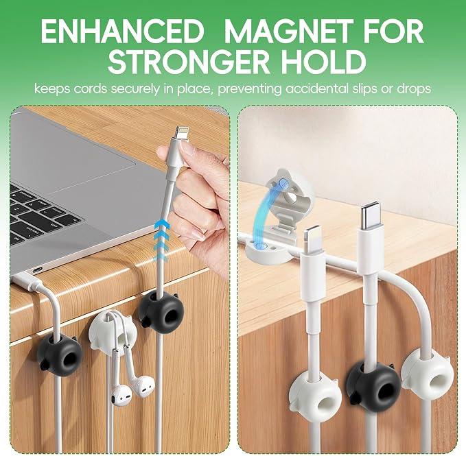 8-Pack Magnetic Cable Management Clips for Home Office Desk, Cord organizer | reusable, strong adhesive, silicone wire staples keeper, stick-on wire holder clamps, work on wall, nightstand, car dashboard
