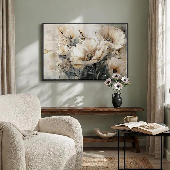 Framed Neutral Floral Wall Art, Botanical Flower Canvas Painting Prints for Modern Farmhouse, Rustic Retro Watercolor Pictures for Living Room Bedroom Dining Room Office Kitchen Wall Decor, 24x36 Inch