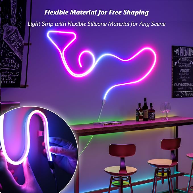 Smart LED Neon Rope Lights, WiFi Gradient RGB+IC Rope Lights Indoor with Remote, Waterproof Flexible DIY LED Strip Lights for Bedroom, Cuttable, Music Sync, Compatible with Alexa, 16.4ft