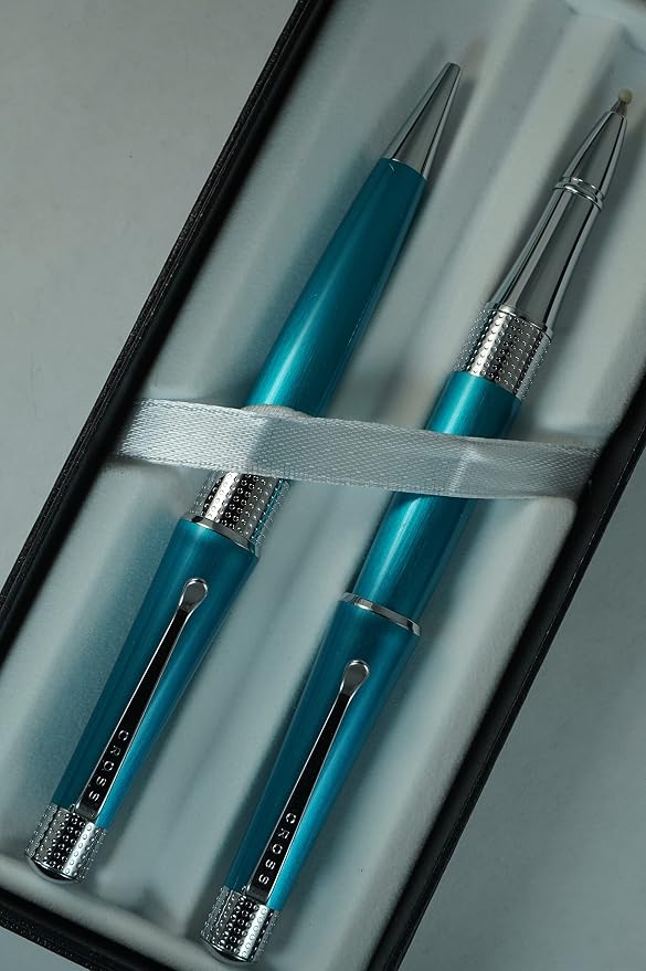 AT CROSS Cross Collection Beverly Pearlescent Teal Lacquer with signature pronounced center Band Selectip Rollerball Pen and Ballpoint Set.A great wedding, birthday, graduation & Christmas gift