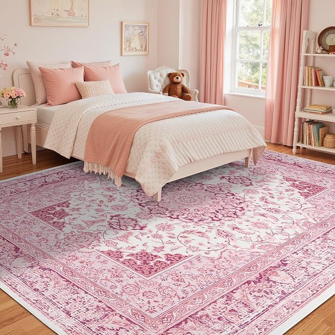 Macgace Bright Pink Area Rug for Living Room, 8x10 Machine Washable Rugs with Non-Slip Backing for Girls Bedroom, Large Vintage Carpet for Kitchen Laundry Kids Room