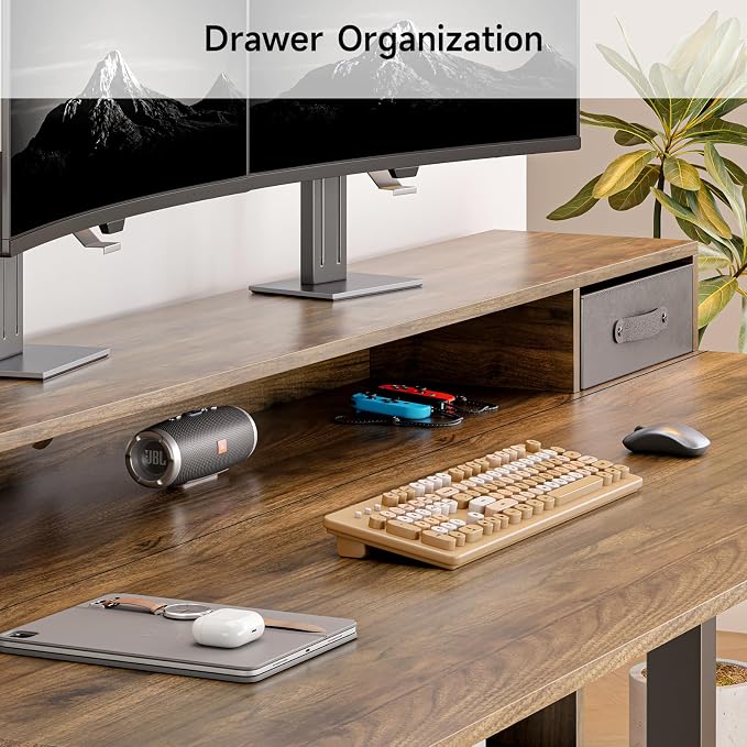 ONBRILL Standing Desk with Drawers, 63x24 Inch Electric Stand Up Desk with 3 Drawers and Open Storage Shelf, Adjustable Height 28-46 Inches for Home and Computer Workstation, Walnut