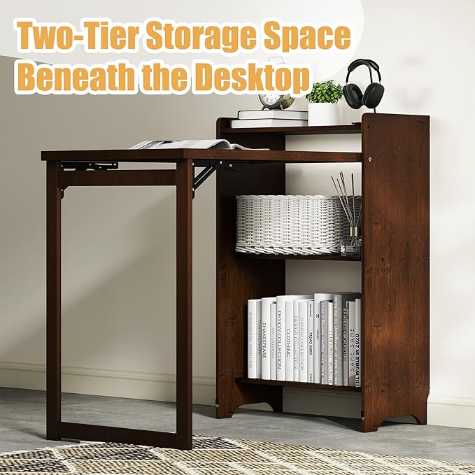 tonchean Bamboo Folding Desk with Storage Shelves, Foldable Computer Desk for Small Spaces Mid Century Fold Out Table Hidden Desk Space Saving Writing Table for Home Office Bedroom Dorm, Brown