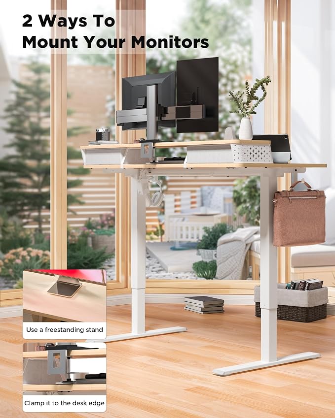 FiCiHi 40x24 Inch Electric Standing Desk, 2 Drawers, Adjustable Height Desk | Small Sit Stand Computer Desks, C-Clamp Compatible Home Office Desk with Monitor Stand, Cable Management, 3 Preset Heights