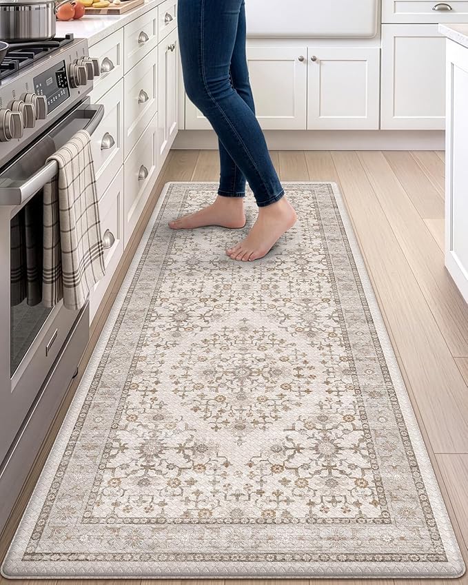 DEXI Kitchen Floor Mats Cushioned Anti Fatigue, 23x59 Rubber Standing Comfort Runner Rug, Waterproof Retro Floral Memory Foam Padded for Front Sink Laundry, Beige and White