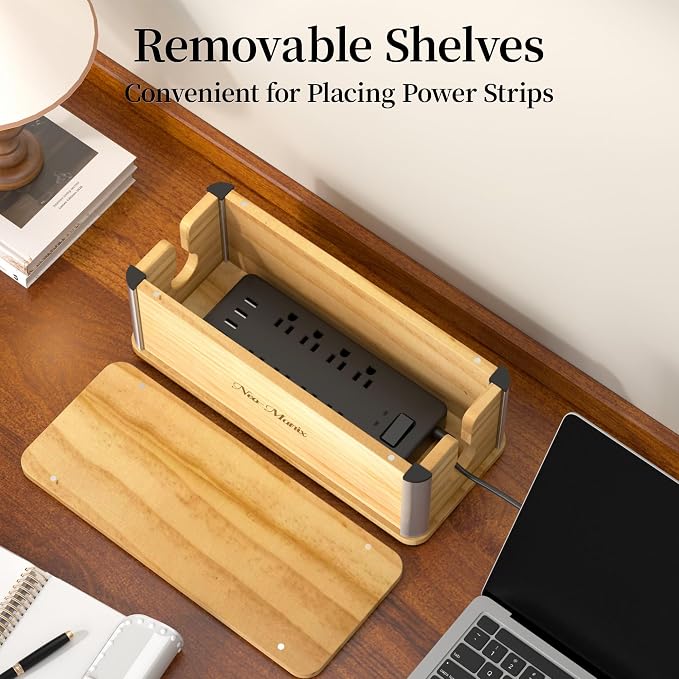 Delamu Wooden Cable Management Box, Retro-Inspired Cord Organizer Box for Home Office, Large Cord Hider Box Hides Floor Cord and Power Strips, Floor Cord Covers, 14.3" x 6.0" x 5.5", Light Wood Color