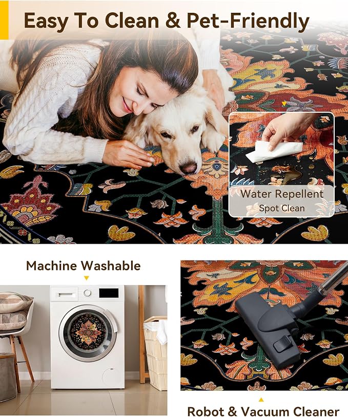 RELEANY Area Rugs Round 6ft Washable Non-Slip, Floral Vintage Distress Medallion Carpet for Living Room Bedroom Dining Room, Black Colorful Floral Dark Tan