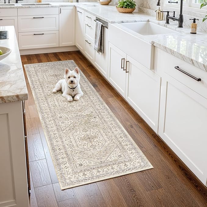 2x5 Runner Rug for Hallway Washable: Non Slip Kitchen Rugs with Rubber Backing Soft Waterproof Mats Stain Resistant Indoor Vintage Carpet Runner for Bedroom Bathroom Laundry Entryway Beige/Gray