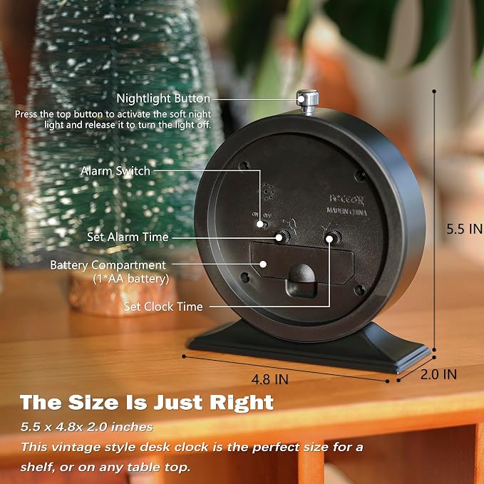 AYRELY® 5.5" Vintage Metal Alarm Clock, Desk and Table Clock for Shelf | Battery Operated Silent Analog Clock with Light for Living Room,Mantel, Bedside and Home Decor (Black)