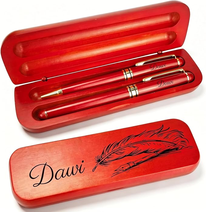 Personalized Engraved Ballpoint Pen & Wooden Gift Case Set - Business Wood Pens Gifts for Boss, Doctors, Teachers, Students, Ideal for Graduation, Promotion, Birthday (Redwood)