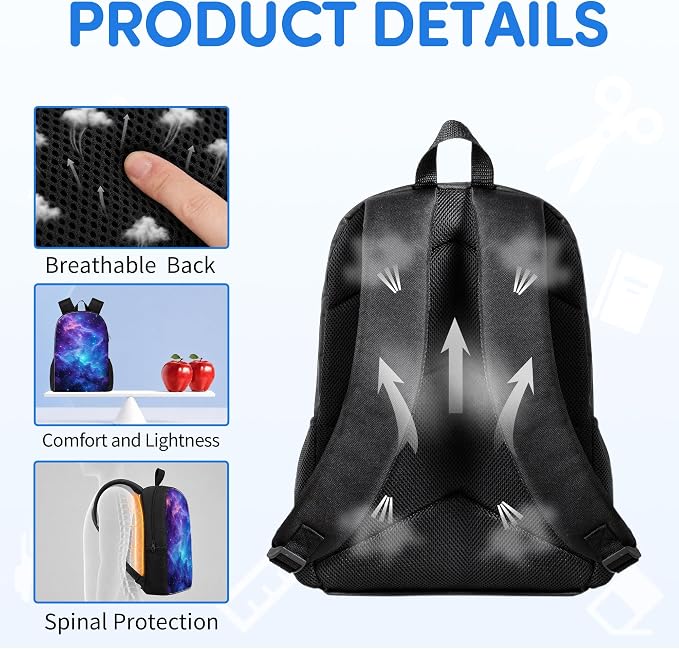3PCS Galaxy Print Backpack for Boys Girls Teens, School Backpack with Lunch Box Pencil Case for Elementary Middle High Students, 17 Inch Lightweight Bookpack 3 in 1 Set Back to Shool Gifts for Kids