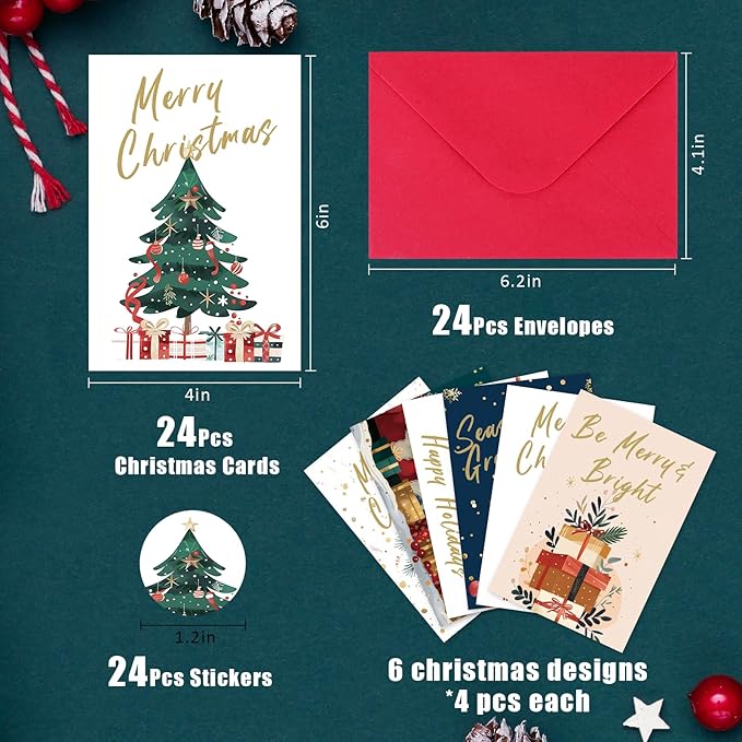 Christmas Cards Assortment, 24 Pcs Greeting and New Years Cards with 6 Designs for Christmas, Holiday, New Year Gift (4x6 Inch)