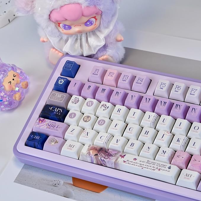 PBT Custom Keycaps 130 Keys, Japanese Anime Purple Keycaps Cherry Profile Dye Sublimation Keycap, Manga Style Key Cap Set for 60% 65% 75% TKL 100% Mechanical Keyboard