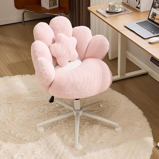 VINGLI Lovely Petal Vanity Desk Chair with Star Pillow, Height Adjustable Armless Swivel Chair in Vibrant Color-Blocking, Modern Computer Task Chair for Bedroom & Home Office, Teddy Fleece,Pink