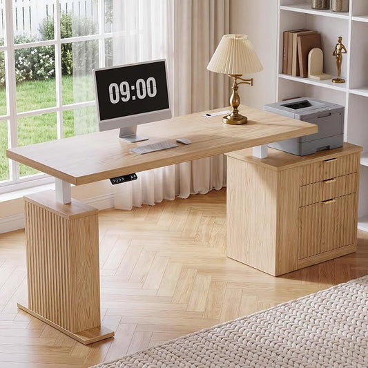 75.5'' Electric Standing Desk with Drawers, Farmhouse Height Adjustable Corner Desk, Sit Stand Office Desk with 4 AC Outlets & Type C Port, Executive Computer Desk, Natural