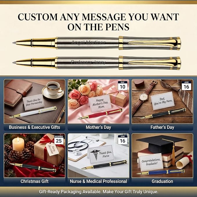 Yastar Customized Gift Pen with a Custom badge Luxury Rollerball Pen with Pen Box 2 extra Black Refills - Custom with Names Message on the Pens -Gift Pen Set for Family Colleague Elder Friends