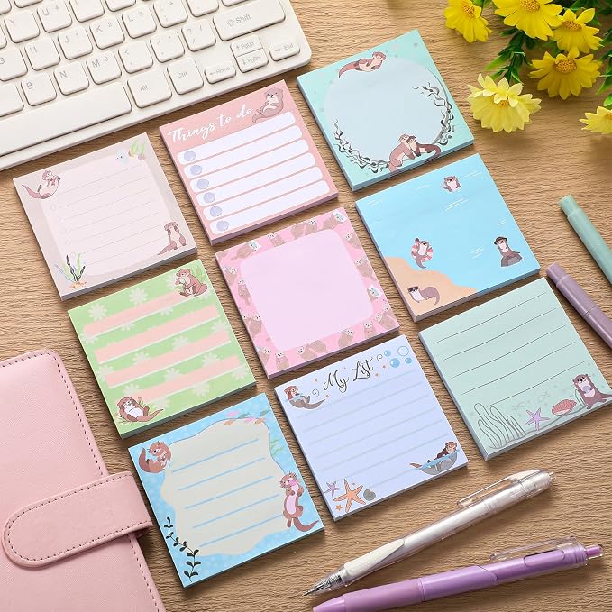 9 Pads Cute Sticky Notes Cartoon Self Stick Notepads 3x3 Inches Notes Adhesive Memo Pad Office Decor Gifts for Students School Teacher Office Meeting(Otter)