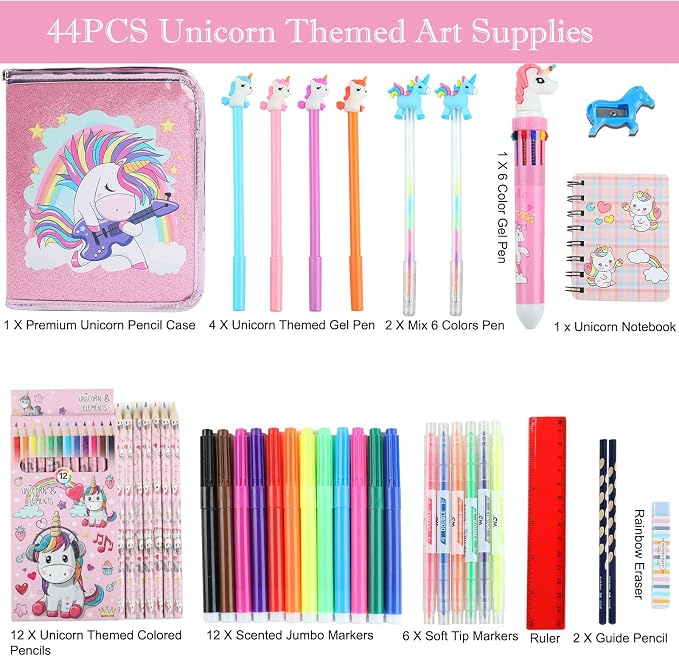 Leeche Fruit Scented Markers Set 44 Pcs Filled Stationery with Unicorn Pencil Case,Art Supplies for Kids Ages 4-6-8, Perfect Unicorn Gifts for Girls,Assortment Marker Pencil Gel Pen Coloring