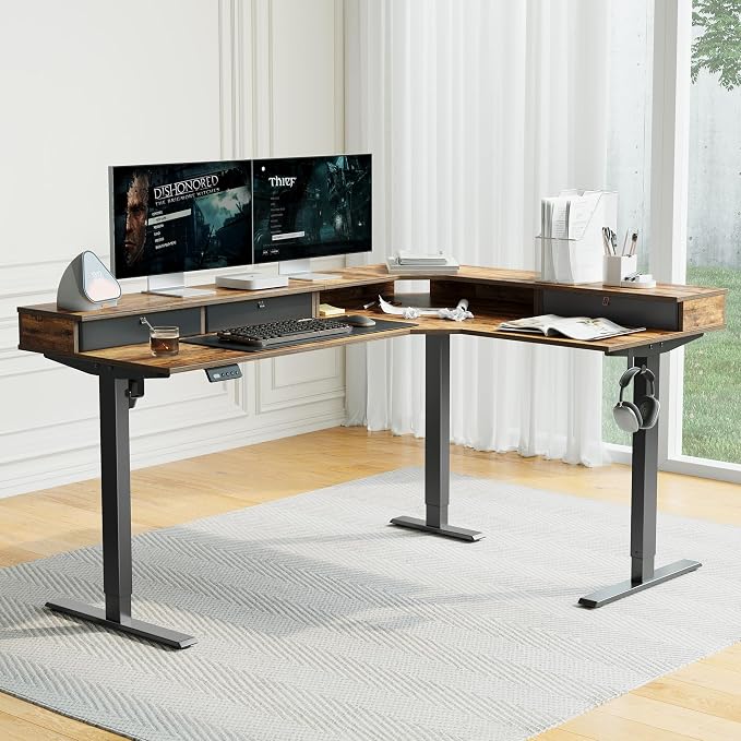CubiCubi L Shaped Standing Desk with Drawers 63 x 48 Inch Adjustable Height, Electric Corner Desk with Storage, Sit Stand Home Office Desk with Splice Board, Rustic Brown