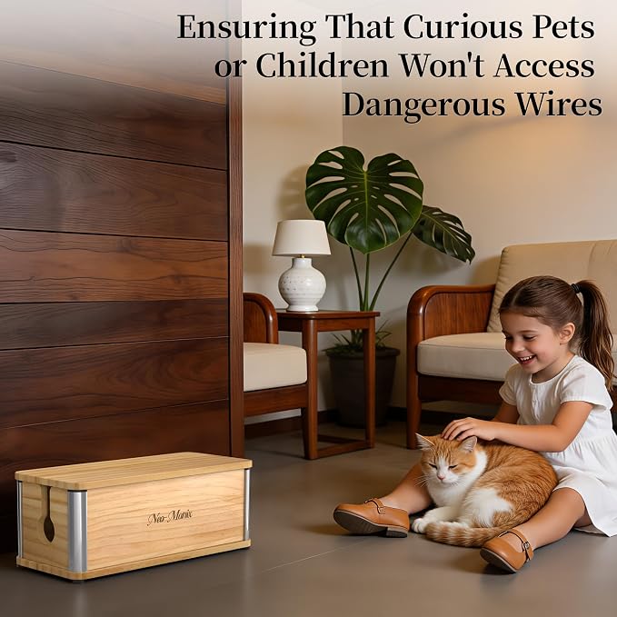 Delamu Wooden Cable Management Box, Retro-Inspired Cord Organizer Box for Home Office, Large Cord Hider Box Hides Floor Cord and Power Strips, Floor Cord Covers, 14.3" x 6.0" x 5.5", Light Wood Color