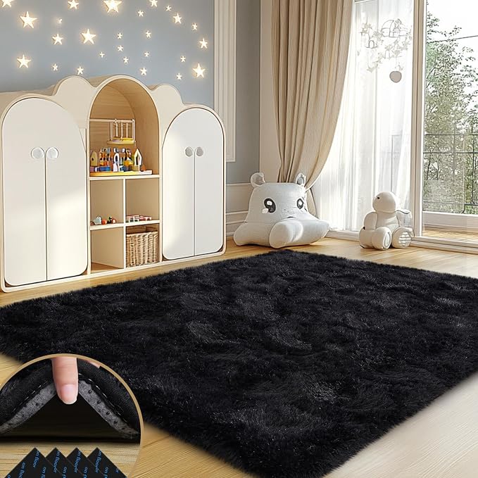 Black Rugs for Living Room, 4x6 Feet Large Fluffy Area Rugs for Bedroom, Soft Carpet Shag Kids Rug for Nursery, Bedside, Indoor, Dorm Decor