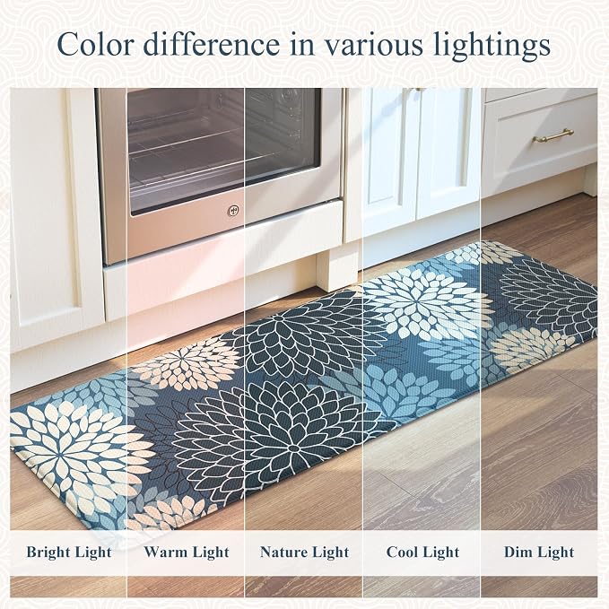 KIMODE Half Circle Anti Fatigue Mats for Kitchen Floor Rug Sets of 2 | 18"x28+18"x47",Blue,Dahlia Floral Boho,Kitchen Rug Sets of 2,Non Slip,Waterproof,for Sink Office Laundry Bathroom Decor