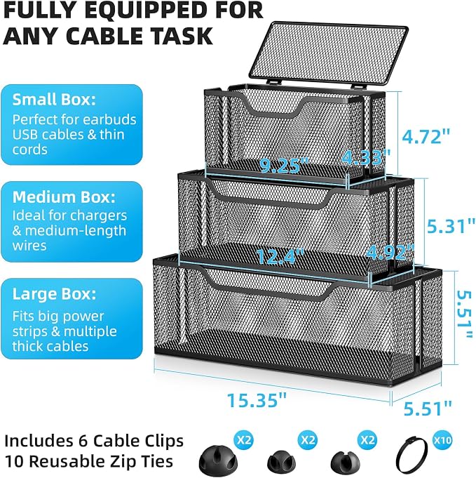 Marbrasse 3 Pack Cable Management Box, Metal Mesh Cord Organizer Box for TV Wires, Electrical Hiding, Power Strip – Under Desk Cable Storage Box with Cable Clips&Reusable Cable Ties for Home/Office