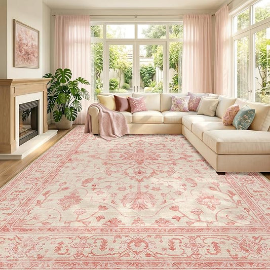 RELEANY Area Rugs 8'x10' Washable Non-Slip, Floral Vintage Distress Medallion Carpet for Living Room Bedroom Dining Room, Pink Light Vintage Pink
