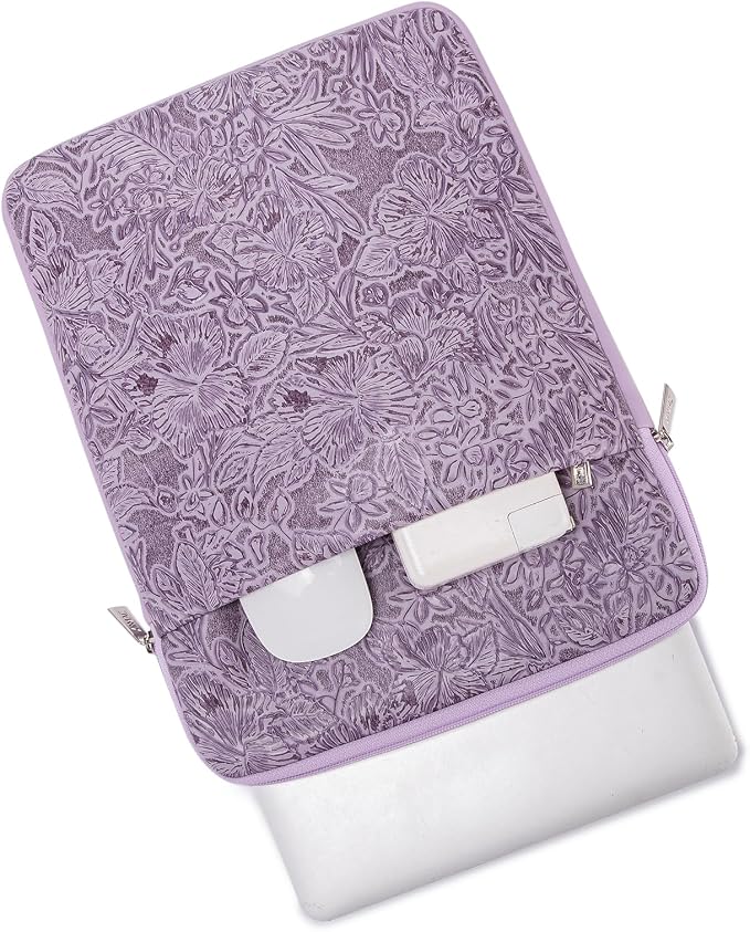 Kinmac 360° Protective Vertical Laptop Sleeve Case Cover Bag (Purple Flower PU, 15.6 inch-16 inch)