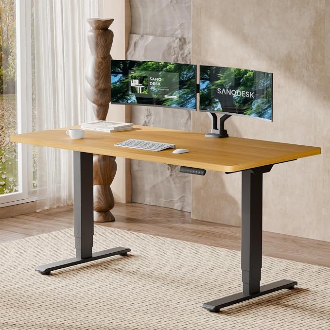SANODESK Dual Motor Standing Desk 220lbs Height Adjustable Desk | 60"x24" Spacious One-Piece Maple Desktop & Black Frame, 4 Memory Presets, 3-Stage Legs, 220lbs, 2-Box for Home & Office