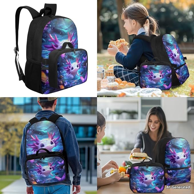 Doojoayie Axolotl Backpack for Girls Kawaii Bookbag with Lunch Box Fashion Backpack Kids School Bags Large Capacity Back Pack Great Back to School Supplies for Preschool Girls