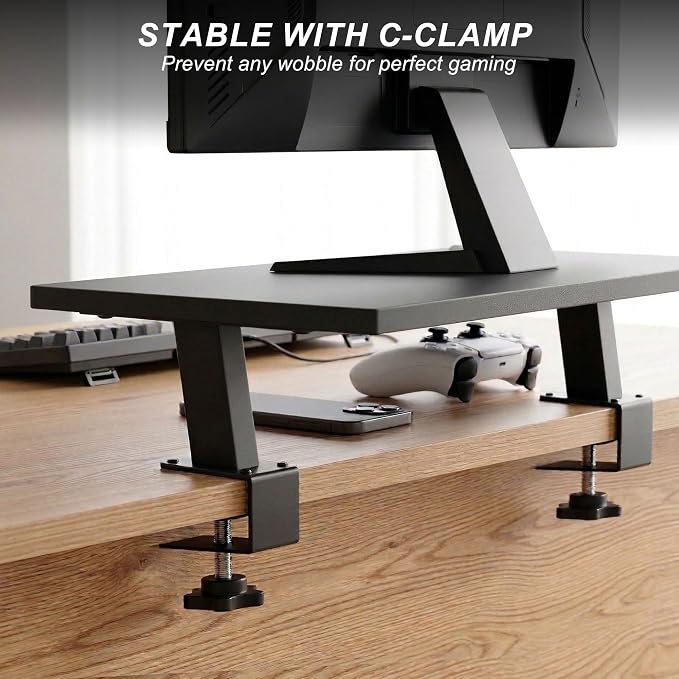15-Inch Desktop Clamp-on Shelf & Monitor Riser, 2-in-1 Reversible Design – Fits Either Side of Desk, C-Clamp for Stability, Holds 44 lbs, for Gaming PC, Console & Office Setup
