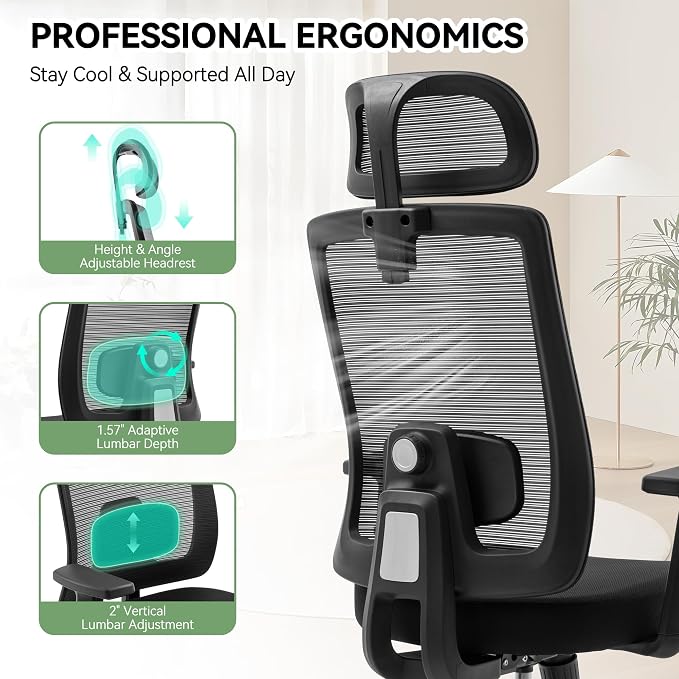 Office Chair with Mesh High Back, Ergonomic Office Desk Chair with Adjustable Lumbar Support, Rolling Work Chairs with Wheels and 3D Headrest, Black
