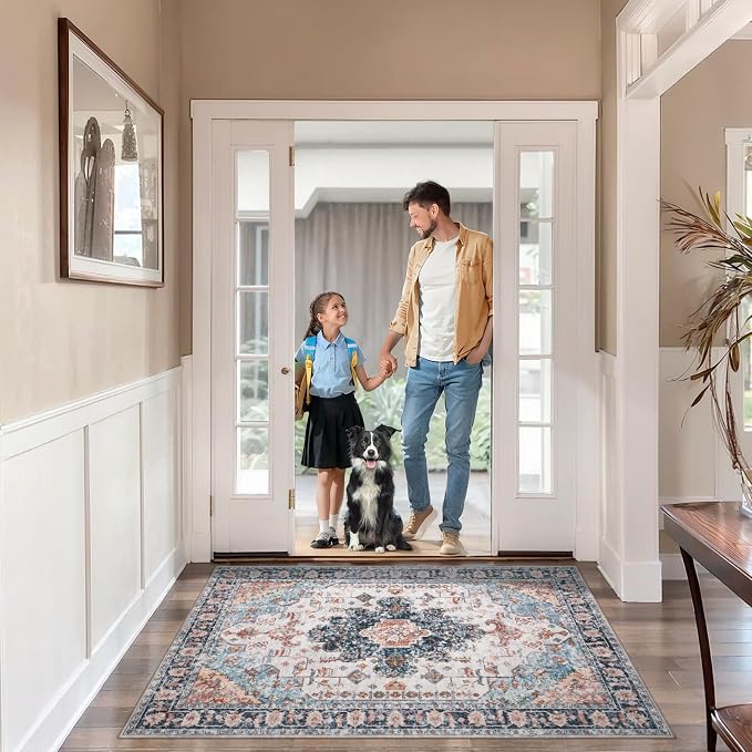 Tangsoo 2x4 Washable Rug for Entryway, Non Slip Small Area Rug, Indoor Front Door Rug, Print Blue/Beige Door Mat Carpet, Soft Low Pile Rugs for Entrance Kitchen Bedroom Bathroom