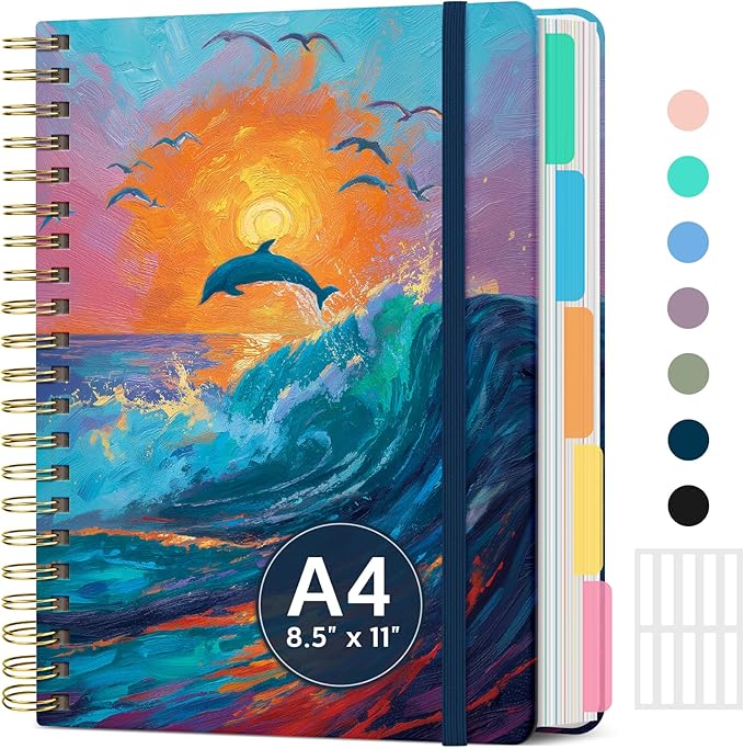 Large Spiral Lined Notebooks for Work with Removable Dividers & Tabs, 8.5"x11" Pretty Hardcover 5 Subject Notebook Journal for Women, College Ruled, Perfect for Study & Office Organization, 280 Pages,Sunset Tide