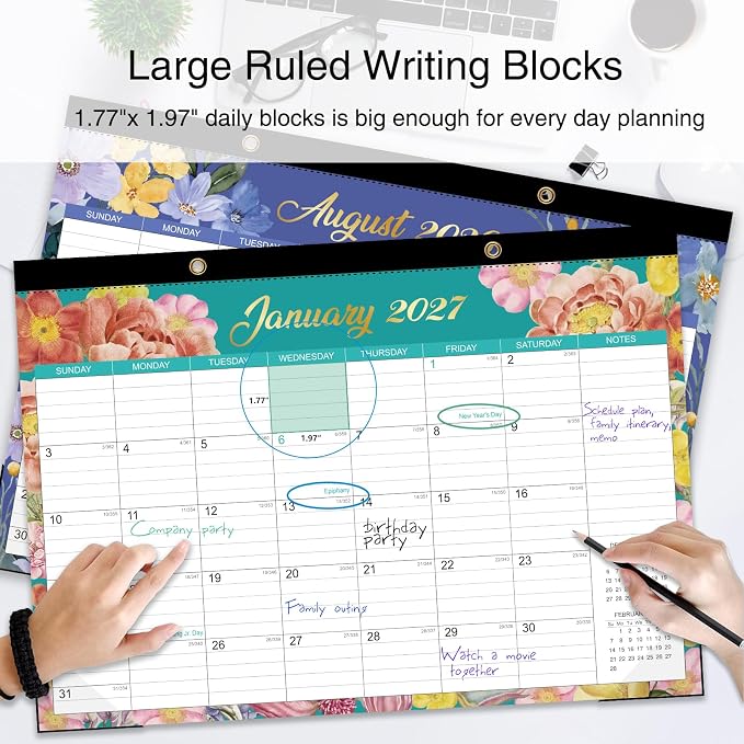 Desk Calendar 2026-2027 - 18 Month Desk Calendar july 2026-2027 Dec, 17" x 12", Large Monthly Desktop Calendar with Plastic Cover, Thick Paper, Corner Protectors - Floral (2 Stickers Included)